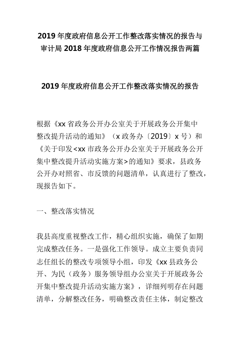 2019年度政府信息公开工作整改落实情况的报告与审计局2018年度政府信息公开工作情况报告两篇_第1页