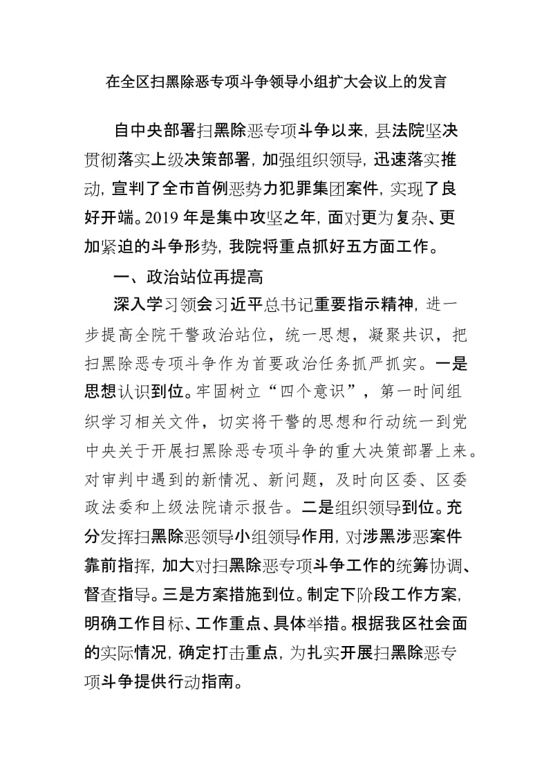 在全区扫黑除恶专项斗争领导小组扩大会议上的发言_第1页