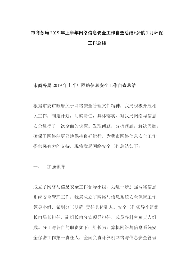 市商务局2019年上半年网络信息安全工作自查总结+乡镇1月环保工作总结_第1页