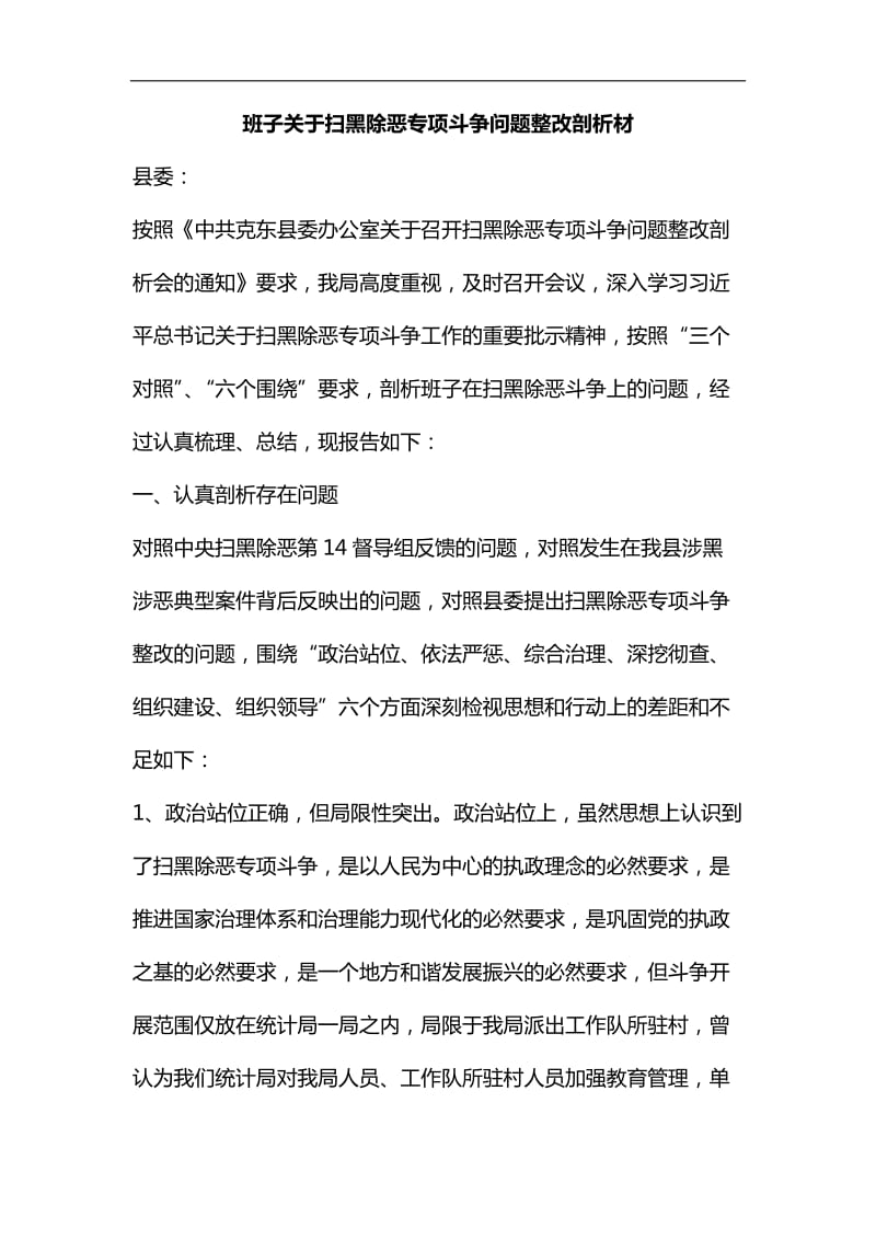 整理班子关于扫黑除恶专项斗争问题整改剖析材_第1页