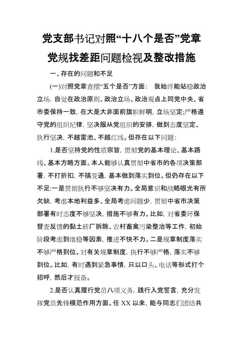 党支部书书记对照“十八个是否”党章党规找差距问题检视及整改措施_第1页