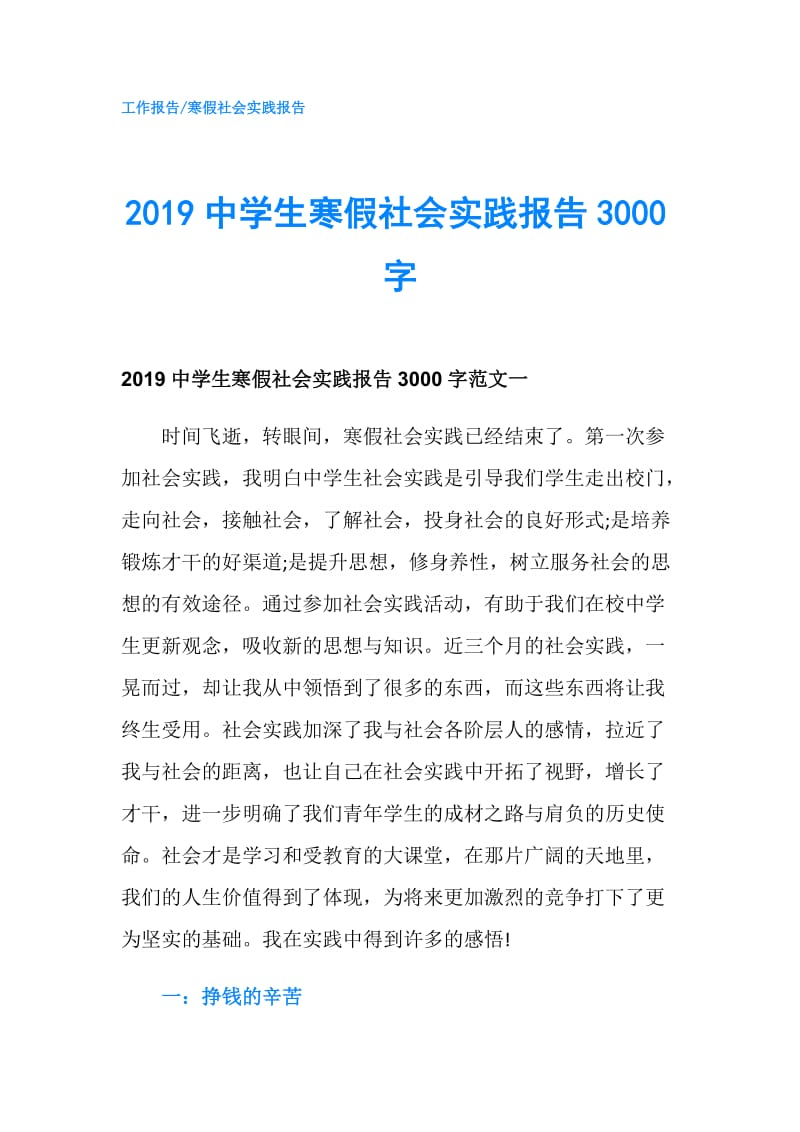 2019中学生寒假社会实践报告3000字.doc_第1页