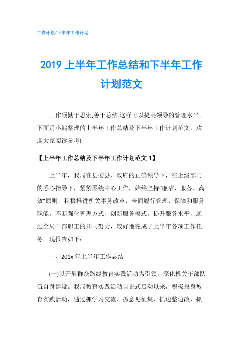 2019上半年工作总结和下半年工作计划范文.doc_第1页