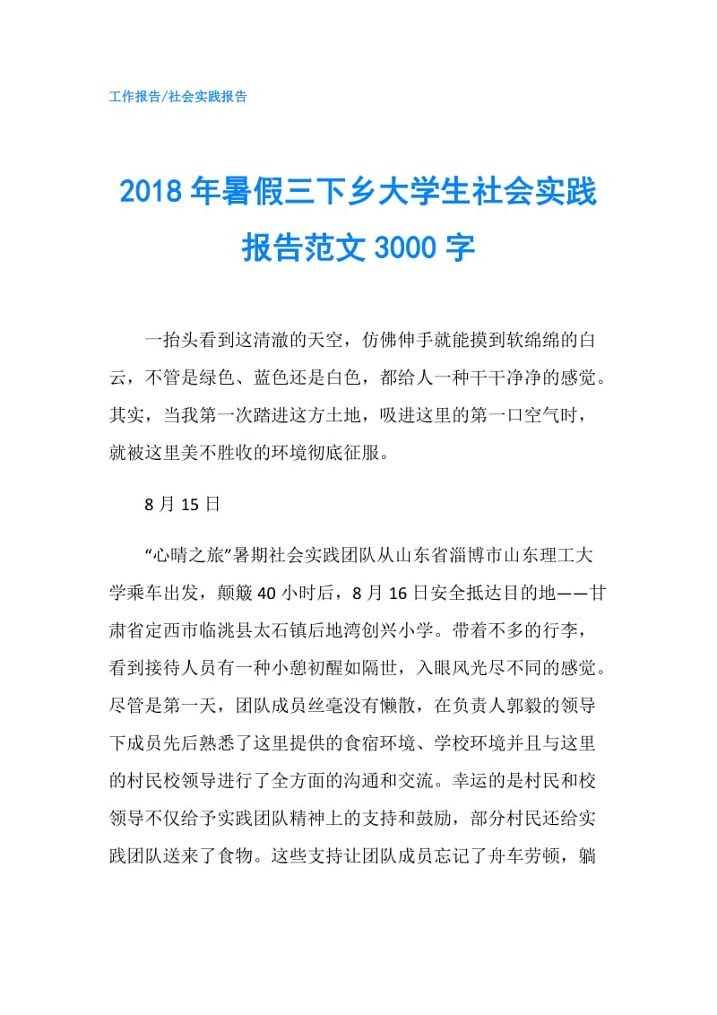 2018年暑假三下乡大学生社会实践报告范文3000字.doc_第1页