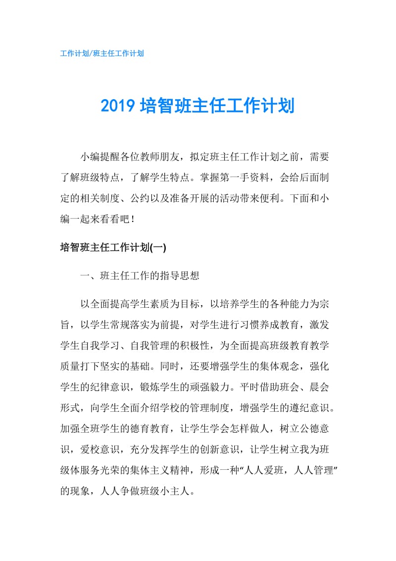 2019培智班主任工作计划.doc_第1页