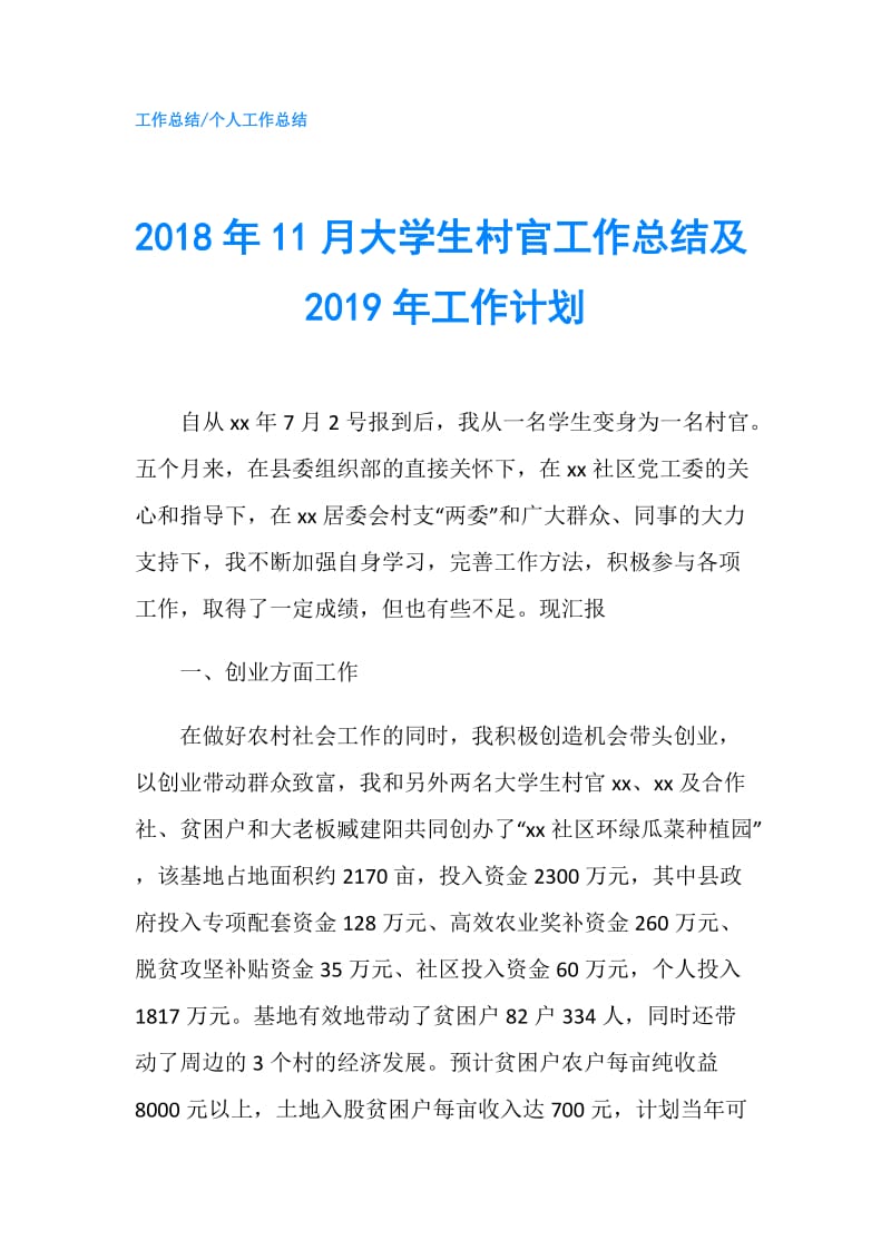 2018年11月大学生村官工作总结及2019年工作计划.doc_第1页