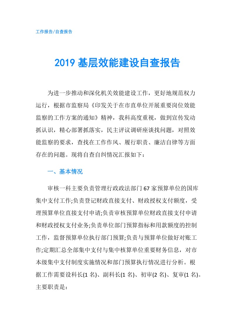 2019基层效能建设自查报告.doc_第1页