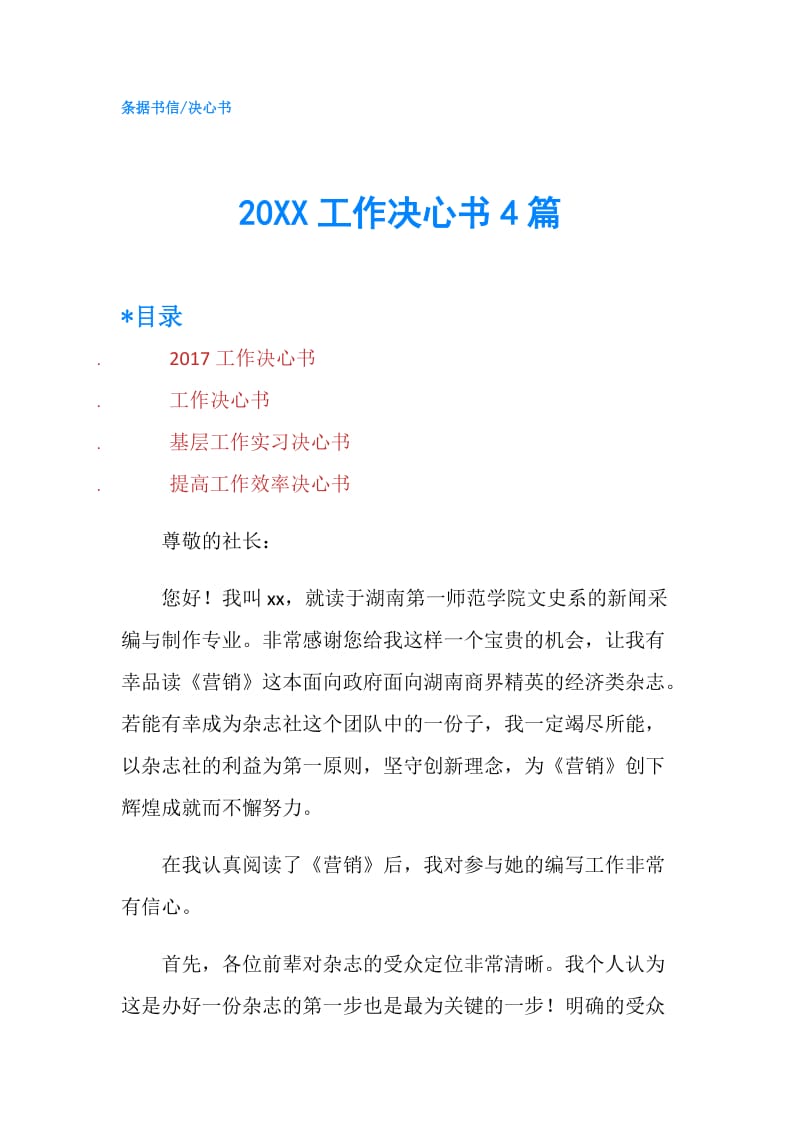 20XX工作决心书4篇.doc_第1页