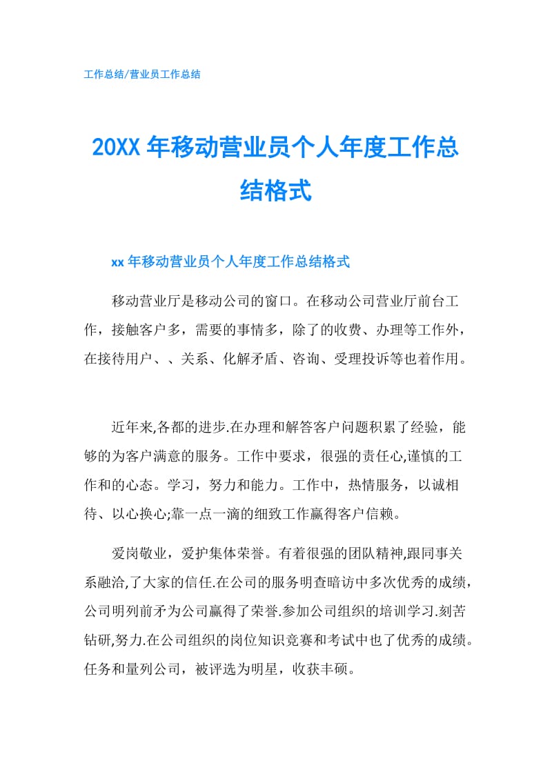 20XX年移动营业员个人年度工作总结格式.doc_第1页