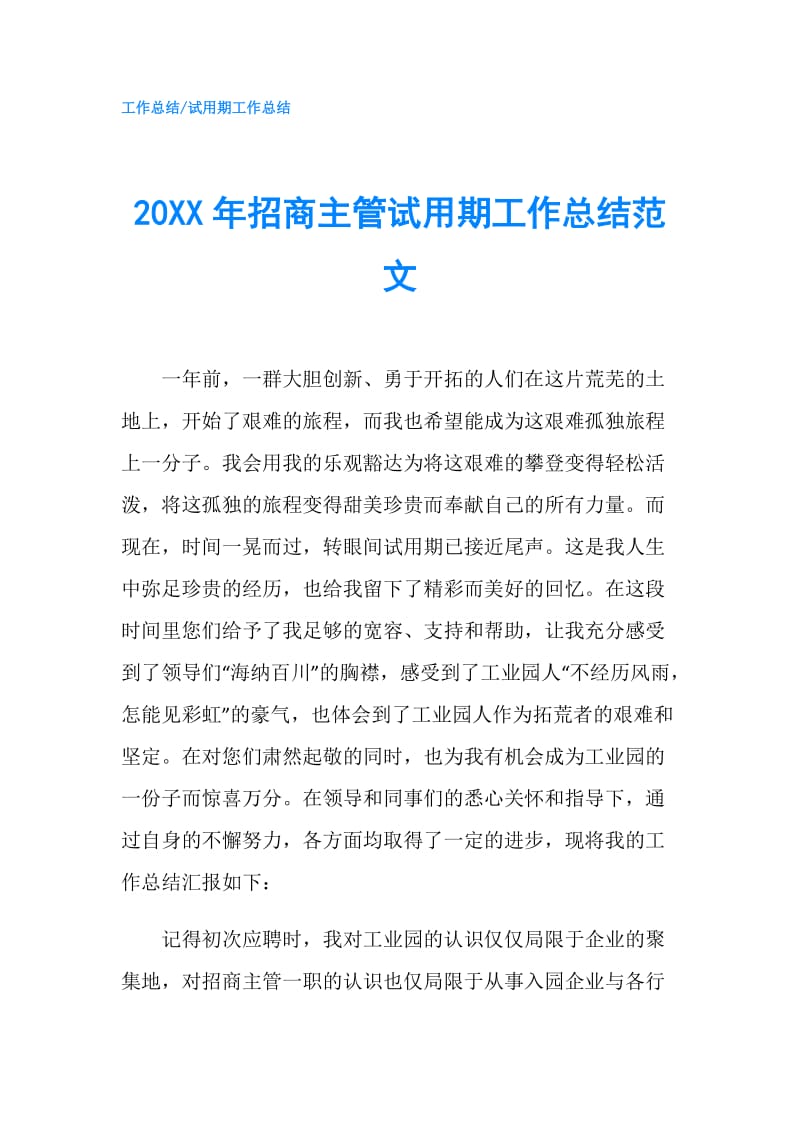 20XX年招商主管试用期工作总结范文.doc_第1页