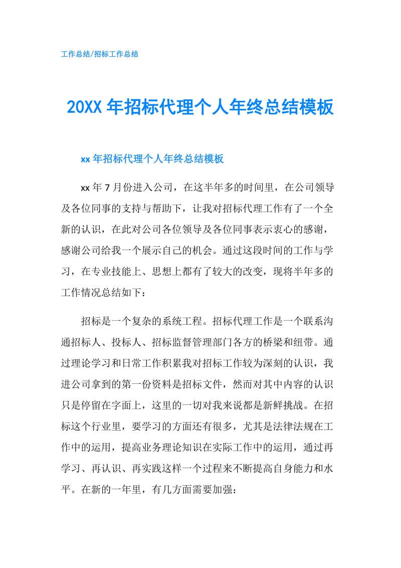 20XX年招标代理个人年终总结模板.doc_第1页