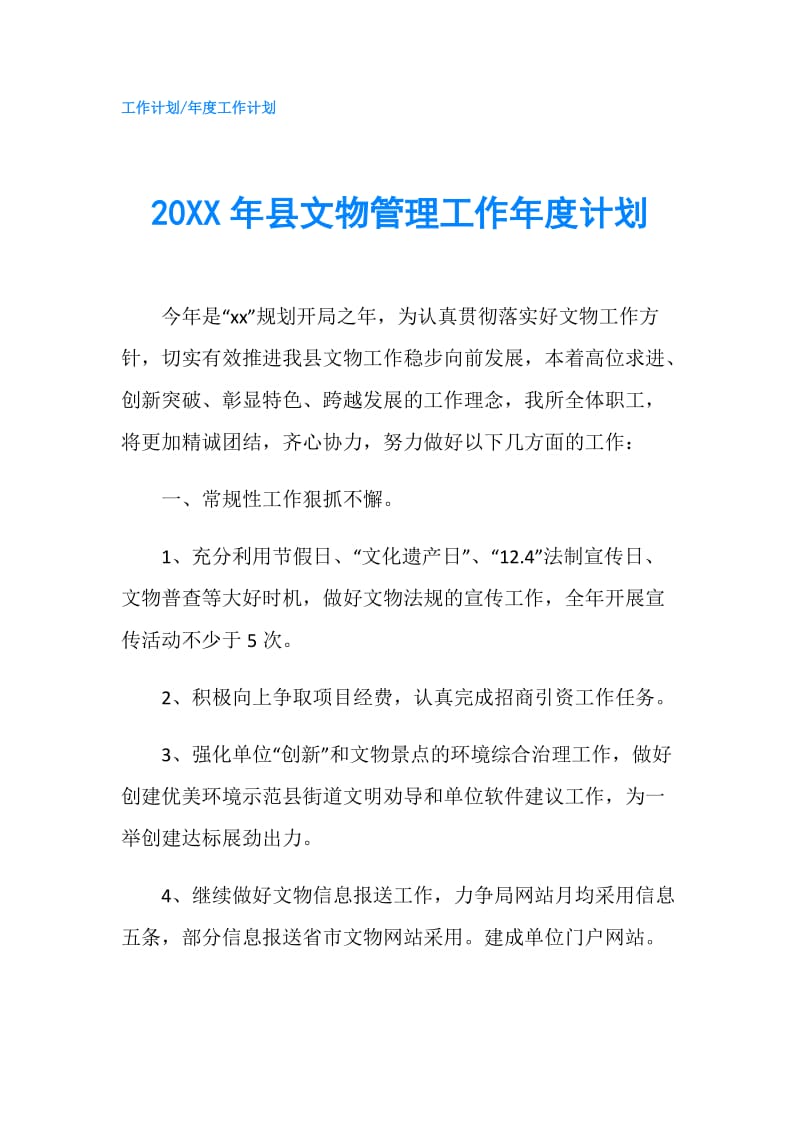 20XX年县文物管理工作年度计划.doc_第1页
