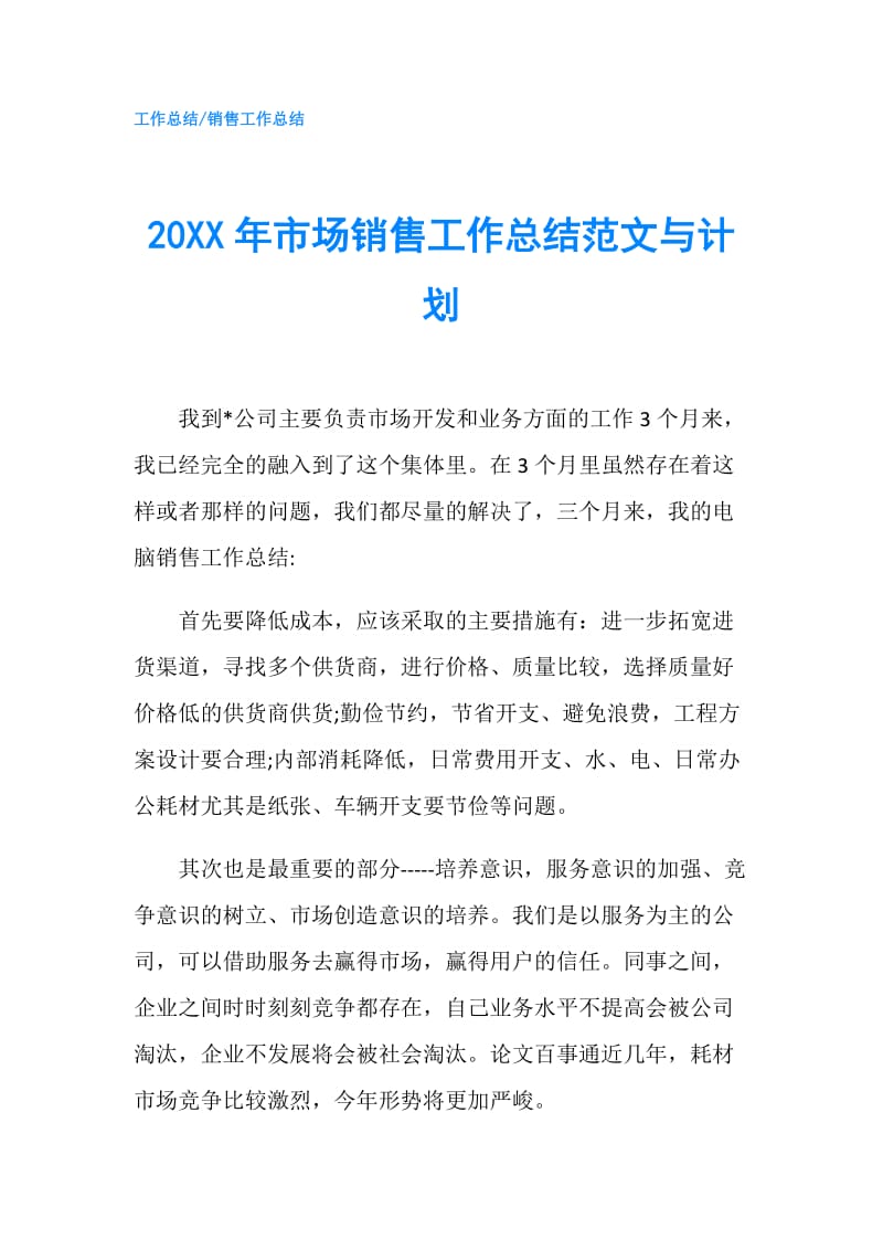 20XX年市场销售工作总结范文与计划.doc_第1页