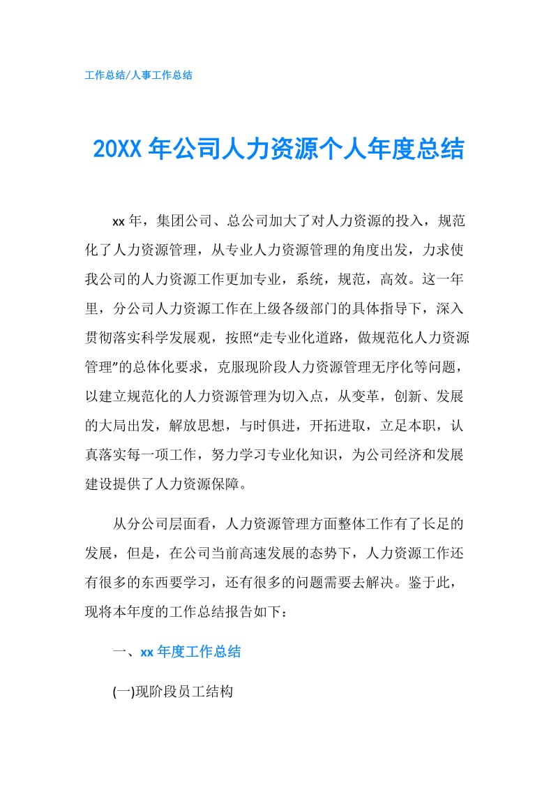 20XX年公司人力资源个人年度总结.doc_第1页