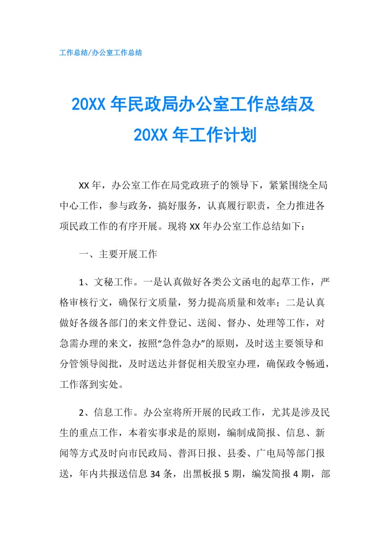 20XX年民政局办公室工作总结及20XX年工作计划.doc_第1页