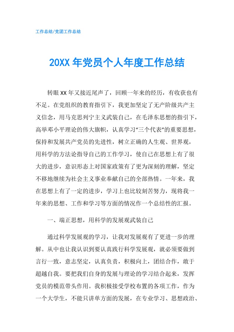 20XX年党员个人年度工作总结.doc_第1页