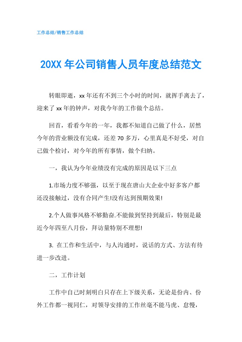 20XX年公司销售人员年度总结范文.doc_第1页