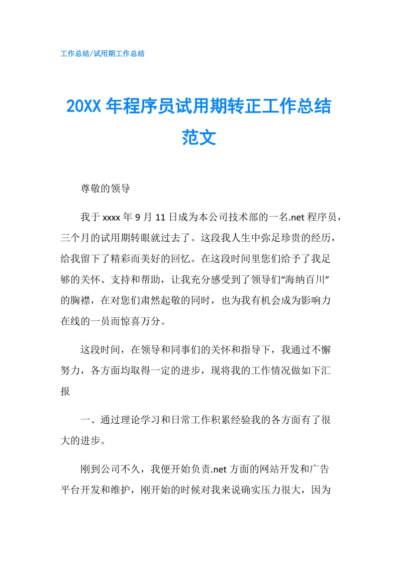 20XX年程序员试用期转正工作总结范文.doc_第1页