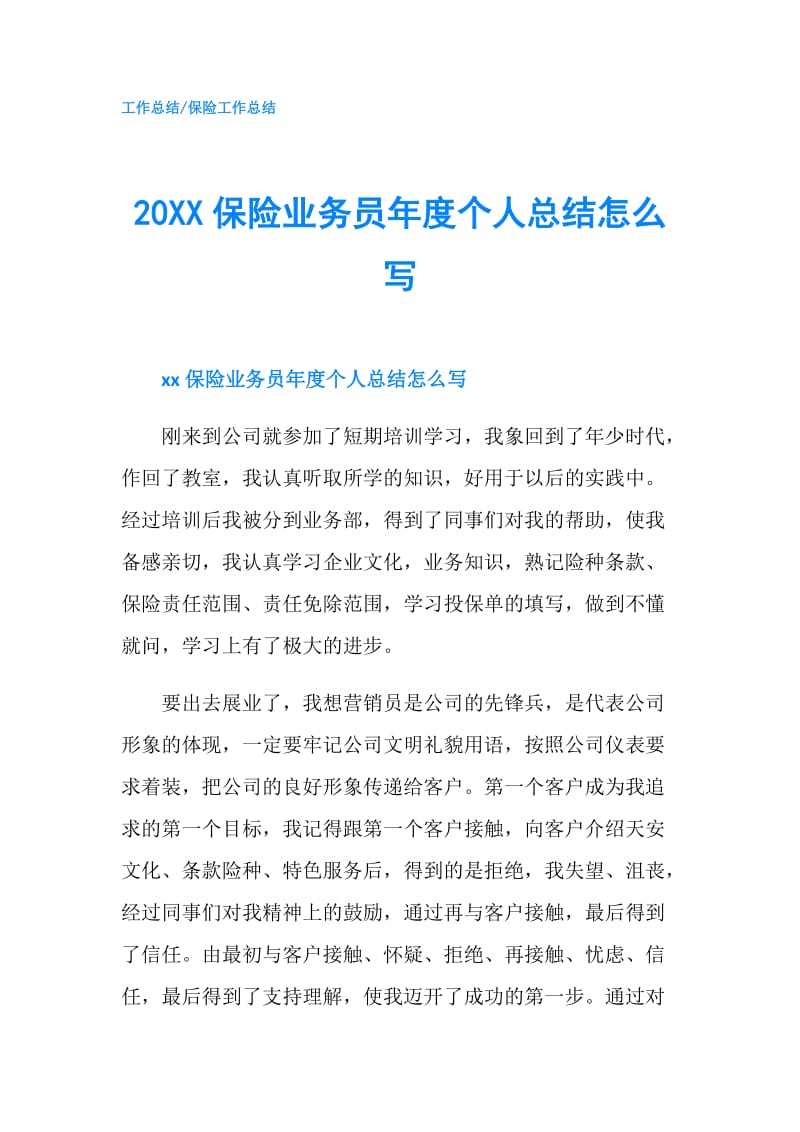 20XX保险业务员年度个人总结怎么写.doc_第1页