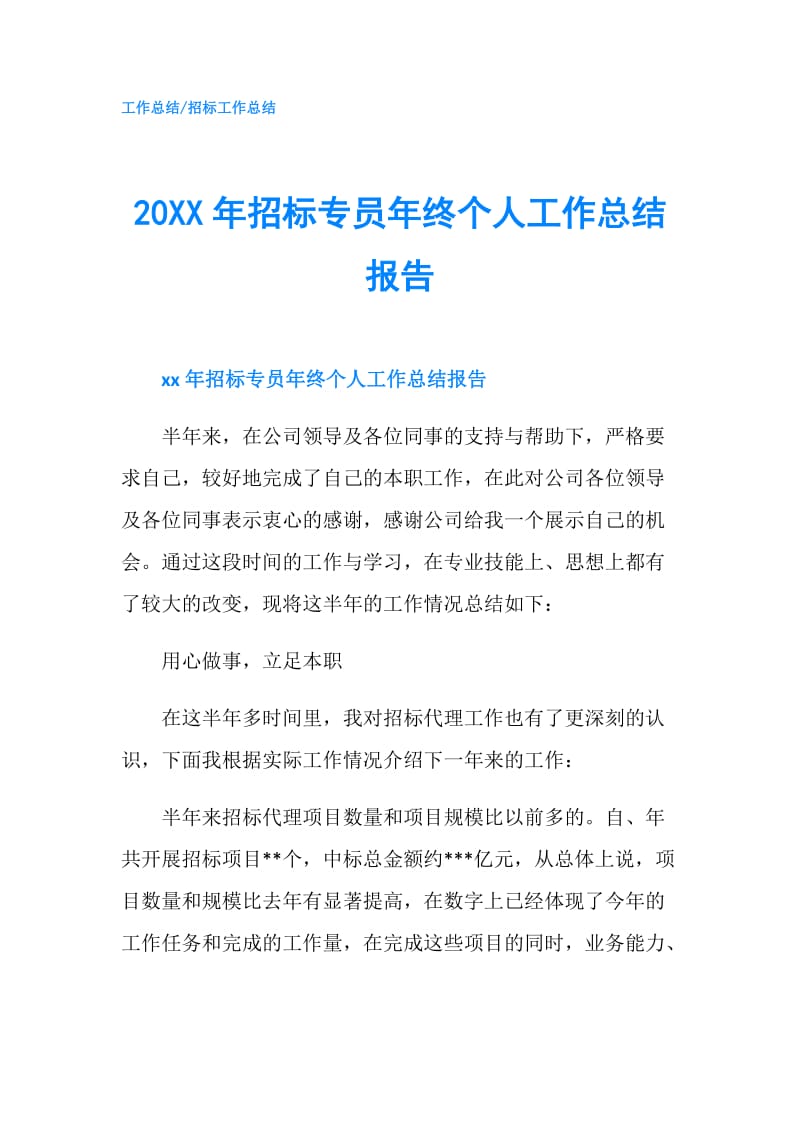 20XX年招标专员年终个人工作总结报告.doc_第1页