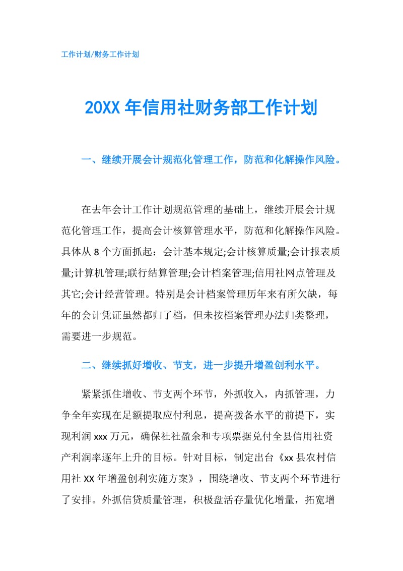 20XX年信用社财务部工作计划.doc_第1页