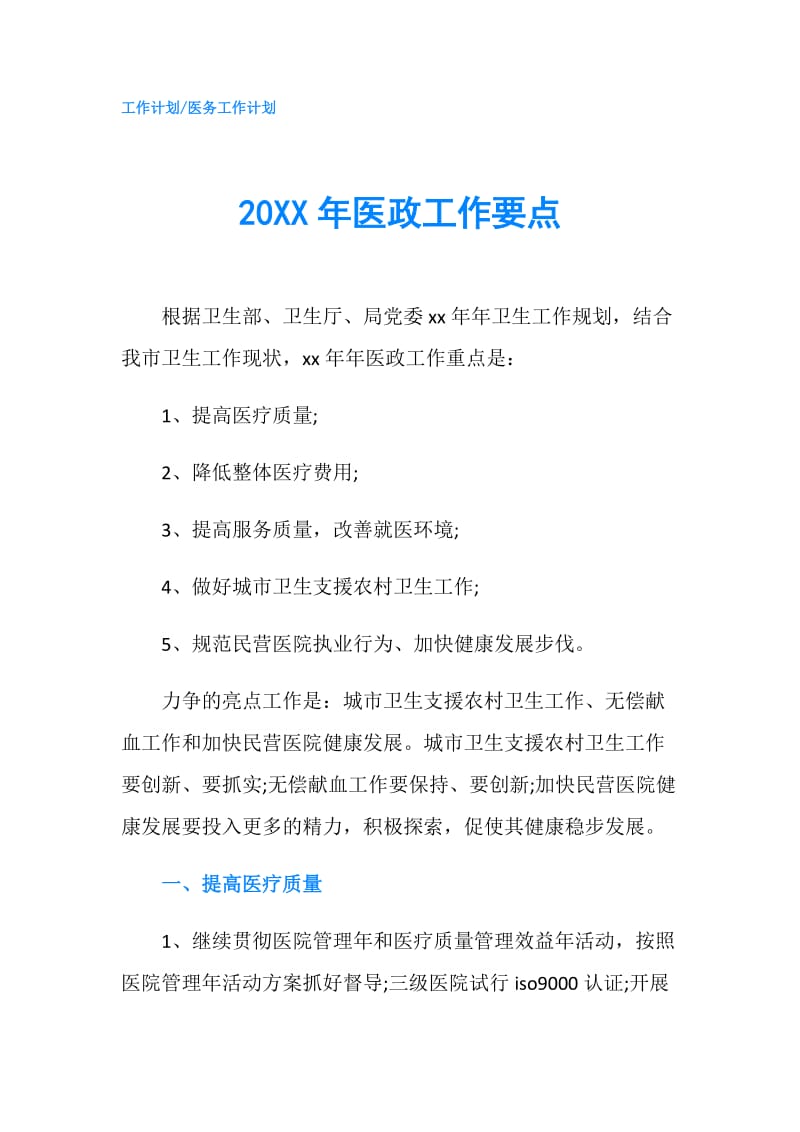 20XX年医政工作要点.doc_第1页