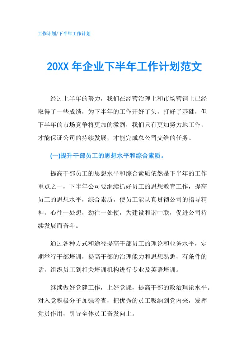 20XX年企业下半年工作计划范文.doc_第1页