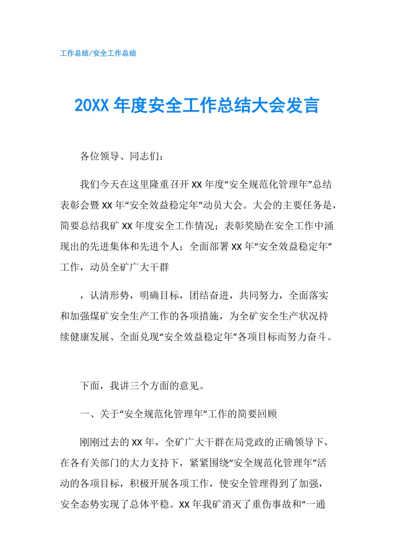 20XX年度安全工作总结大会发言.doc_第1页