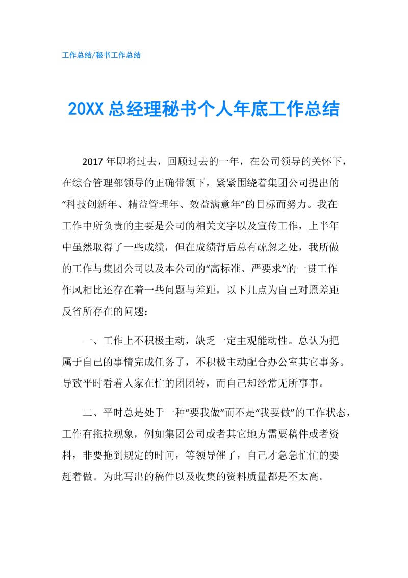 20XX总经理秘书个人年底工作总结.doc_第1页