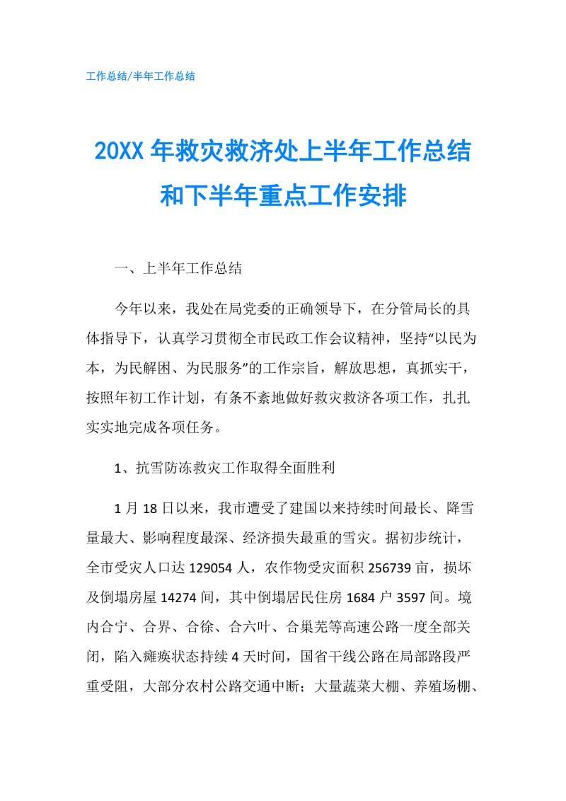 20XX年救灾救济处上半年工作总结和下半年重点工作安排.doc_第1页