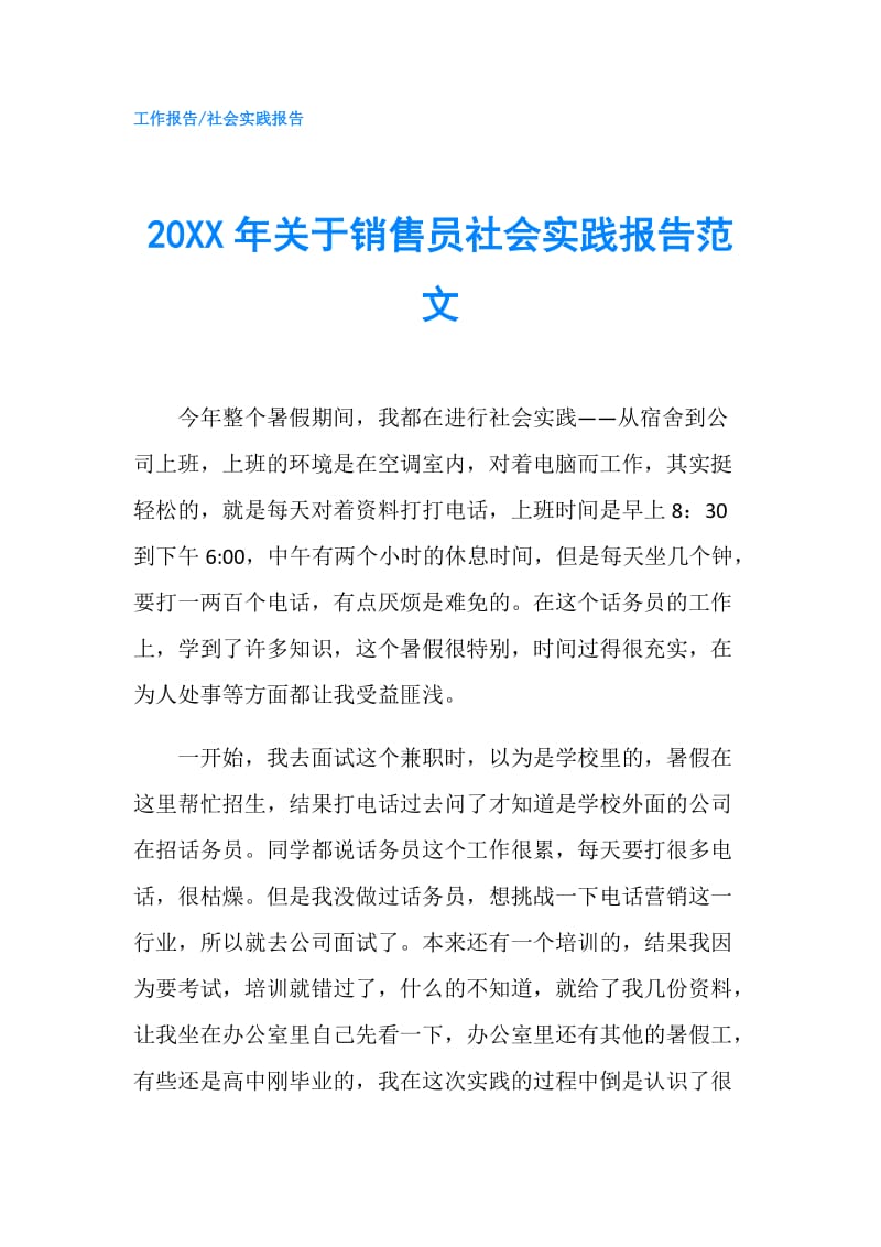 20XX年关于销售员社会实践报告范文.doc_第1页