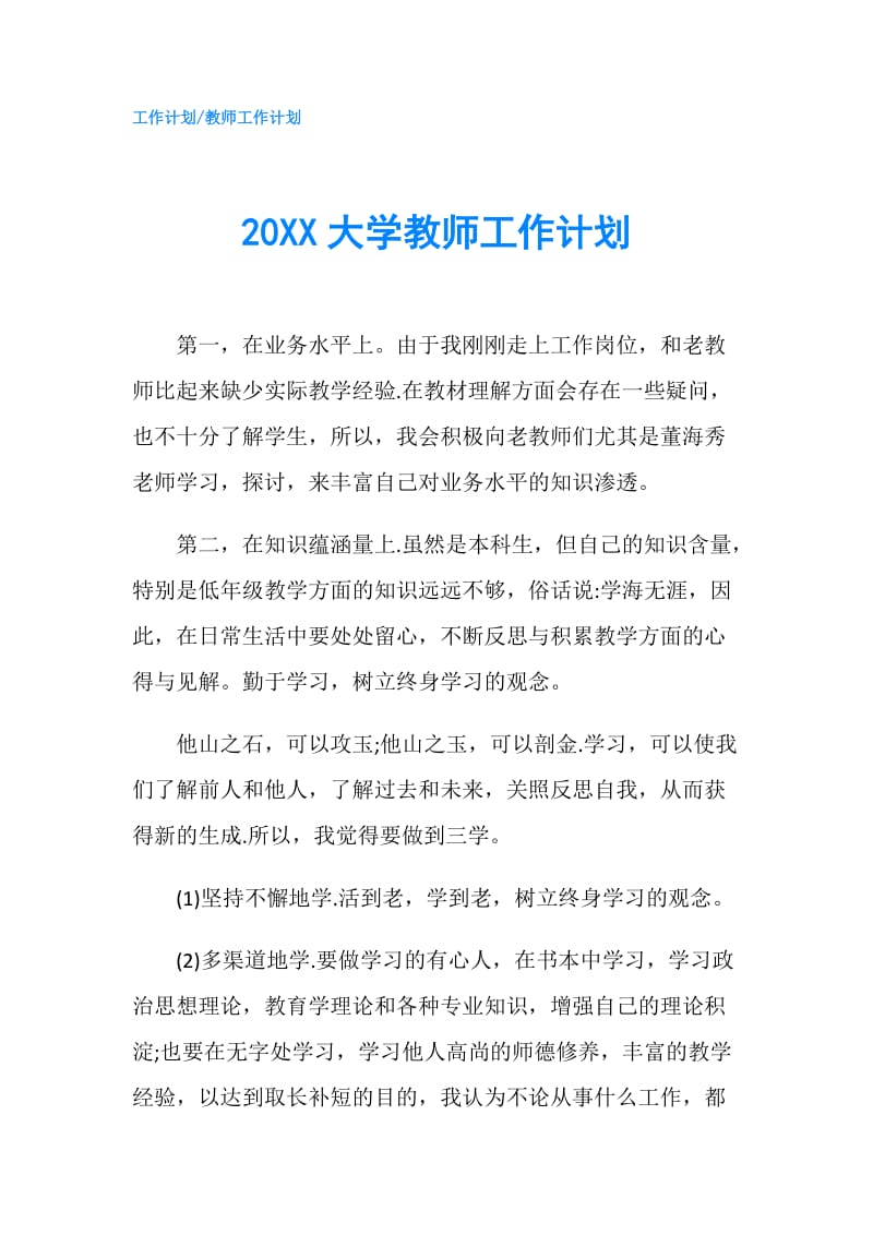 20XX大学教师工作计划.doc_第1页