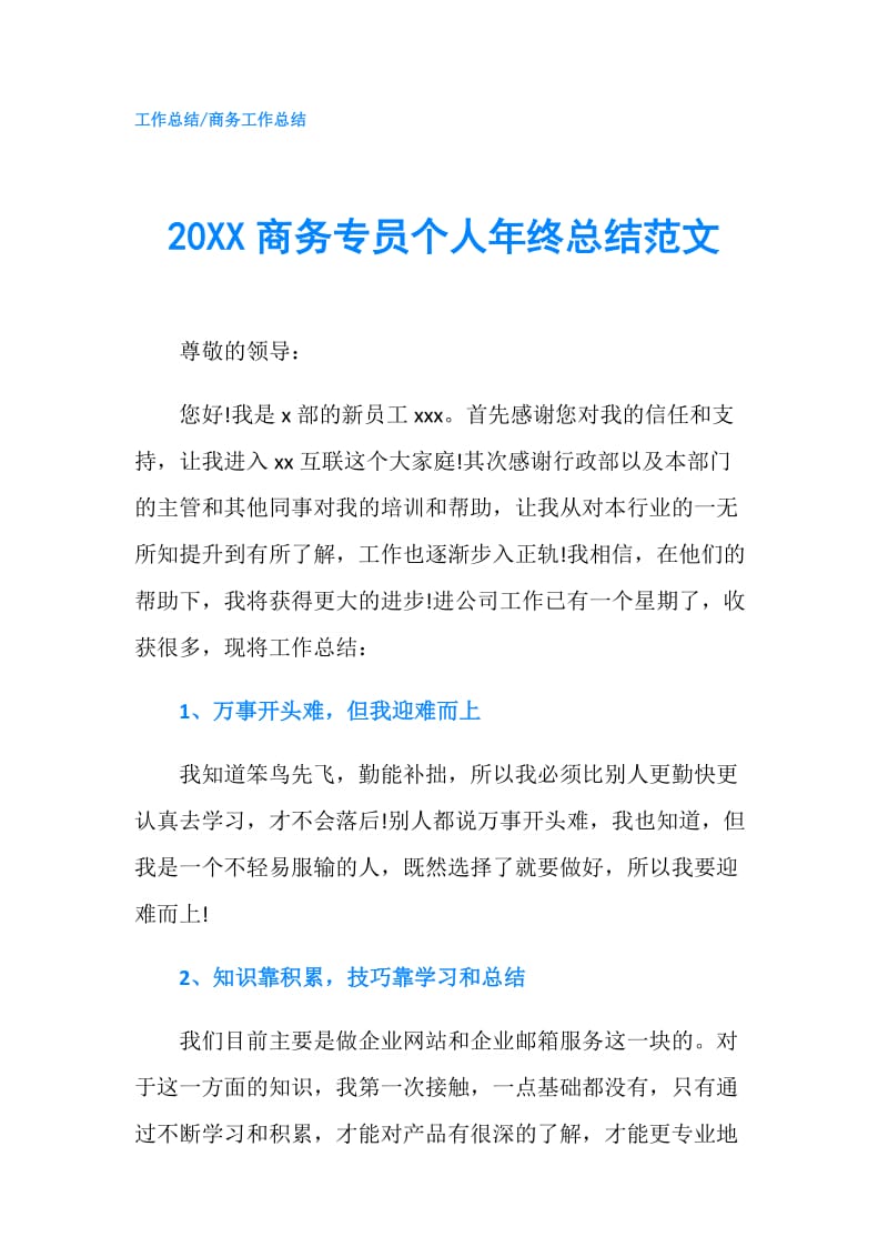 20XX商务专员个人年终总结范文.doc_第1页