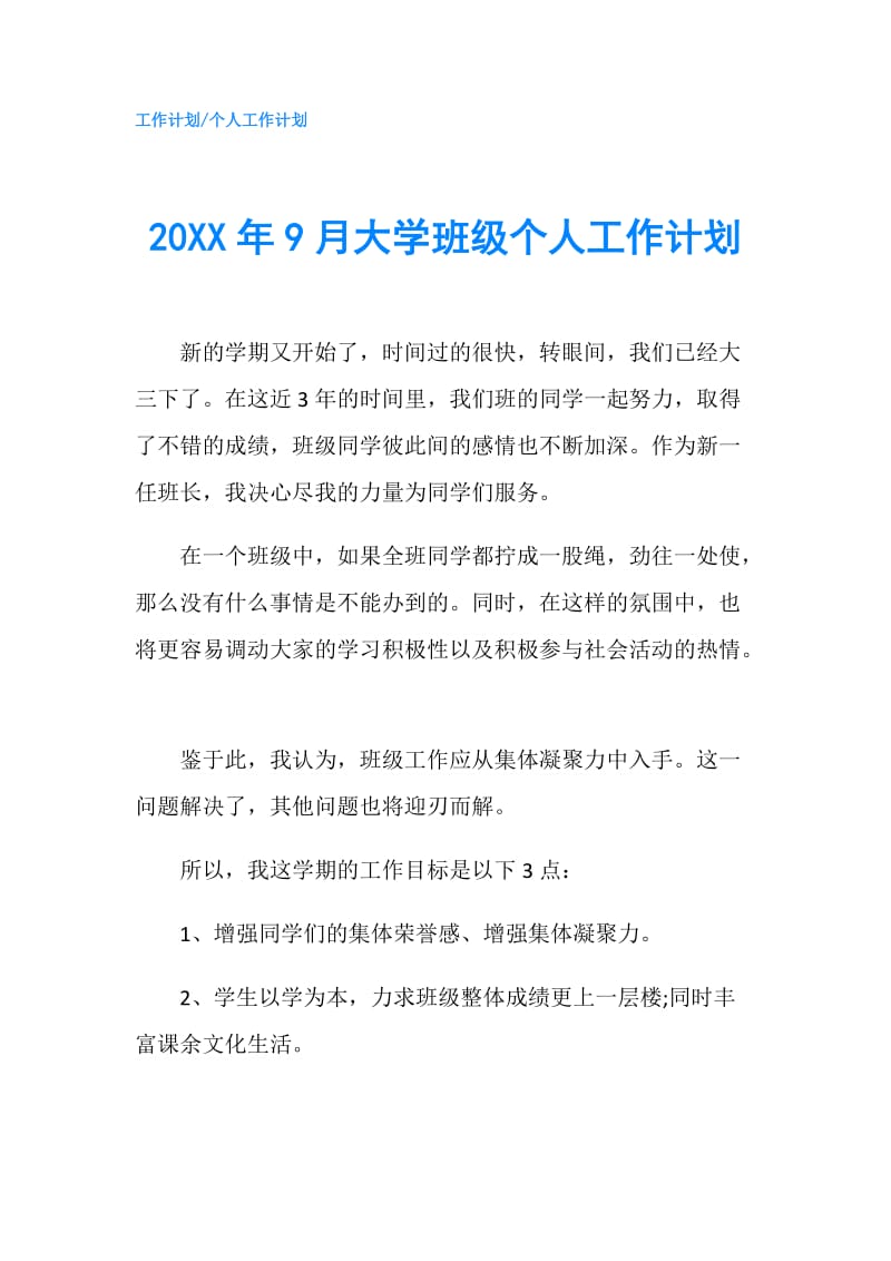 20XX年9月大学班级个人工作计划.doc_第1页