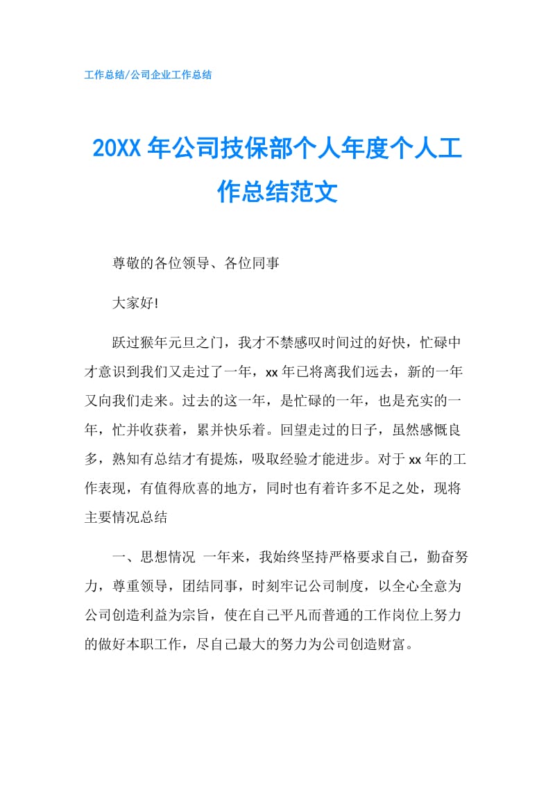 20XX年公司技保部个人年度个人工作总结范文.doc_第1页