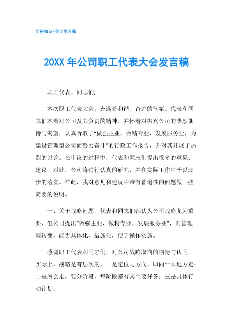 20XX年公司职工代表大会发言稿.doc_第1页