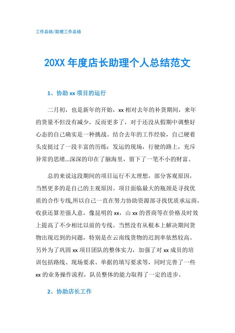 20XX年度店长助理个人总结范文.doc_第1页