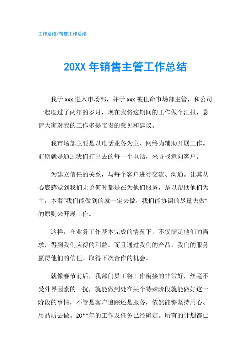 20XX年销售主管工作总结.doc_第1页