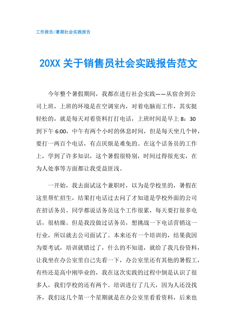 20XX关于销售员社会实践报告范文.doc_第1页