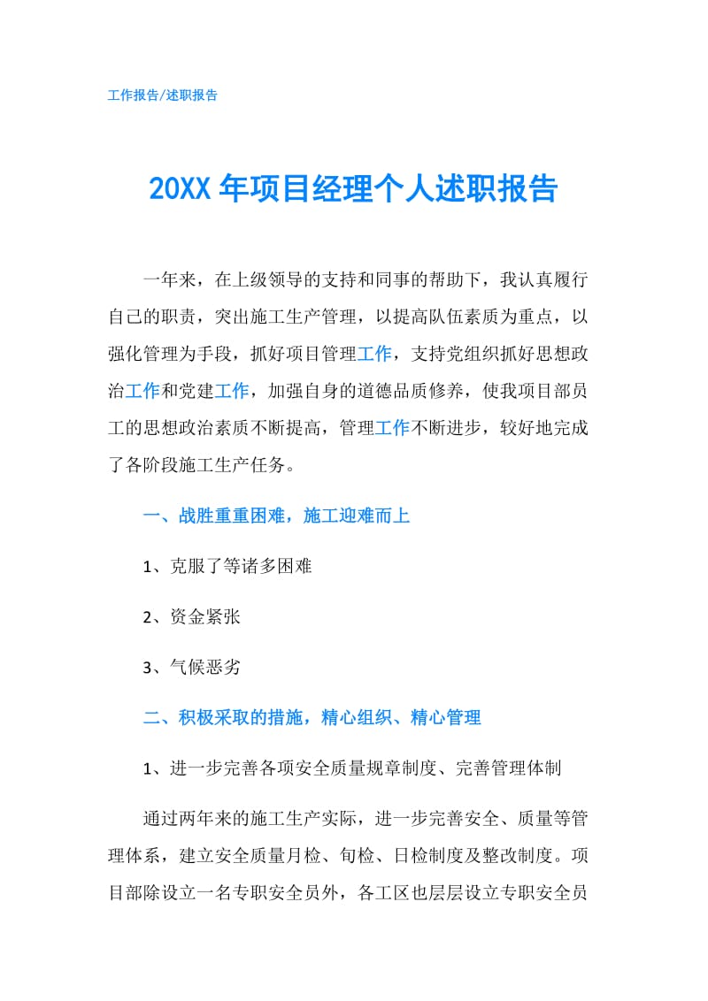 20XX年项目经理个人述职报告.doc_第1页