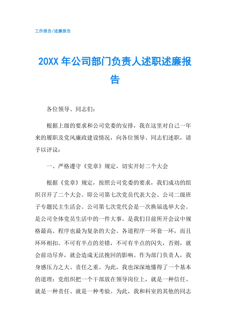 20XX年公司部门负责人述职述廉报告.doc_第1页