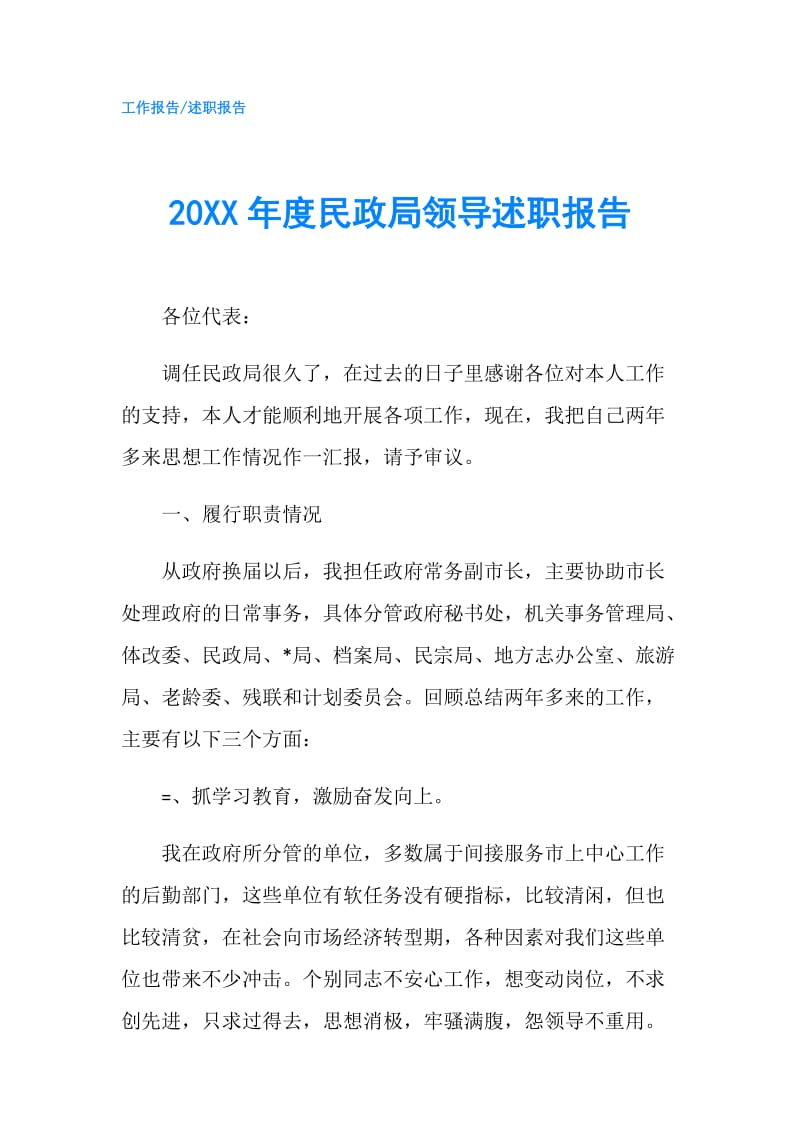 20XX年度民政局领导述职报告.doc_第1页