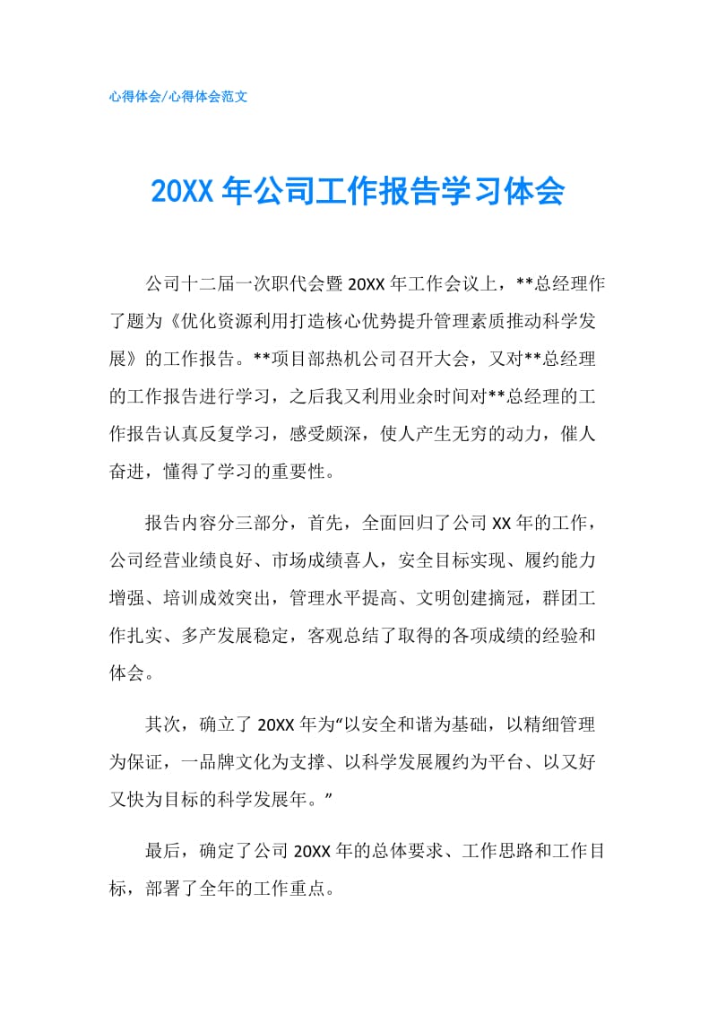 20XX年公司工作报告学习体会.doc_第1页