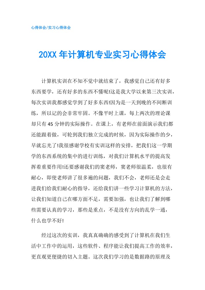 20XX年计算机专业实习心得体会.doc_第1页