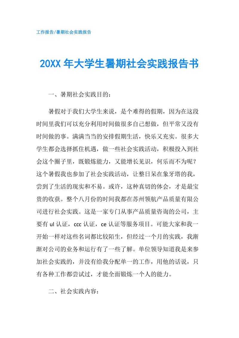 20XX年大学生暑期社会实践报告书.doc_第1页