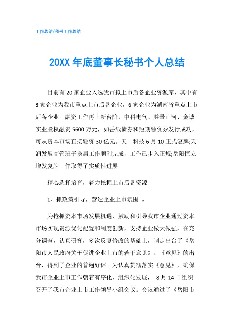 20XX年底董事长秘书个人总结.doc_第1页