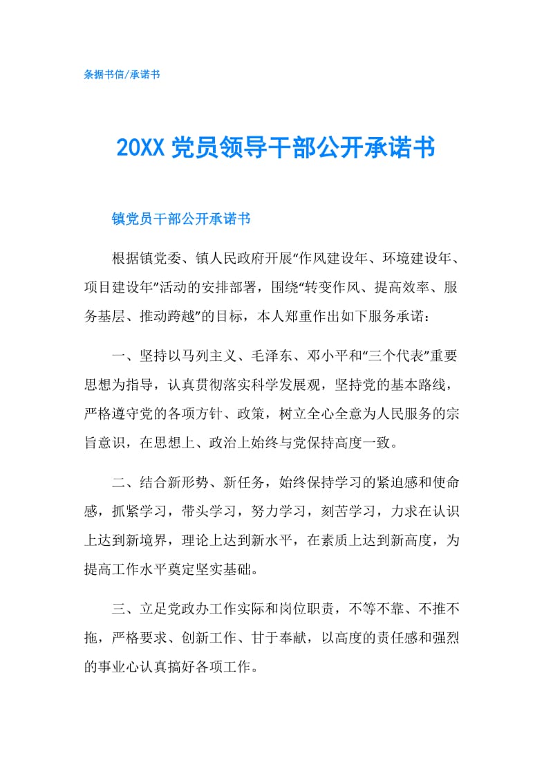 20XX党员领导干部公开承诺书.doc_第1页