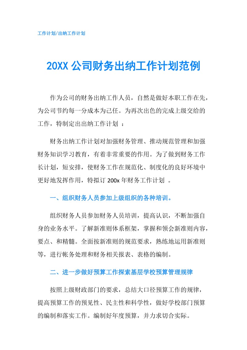 20XX公司财务出纳工作计划范例.doc_第1页