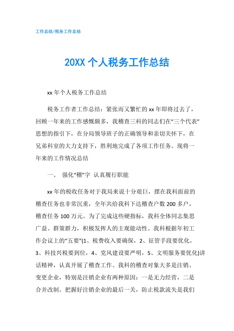 20XX个人税务工作总结.doc_第1页