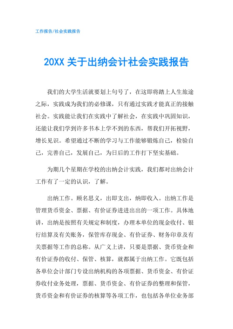 20XX关于出纳会计社会实践报告.doc_第1页